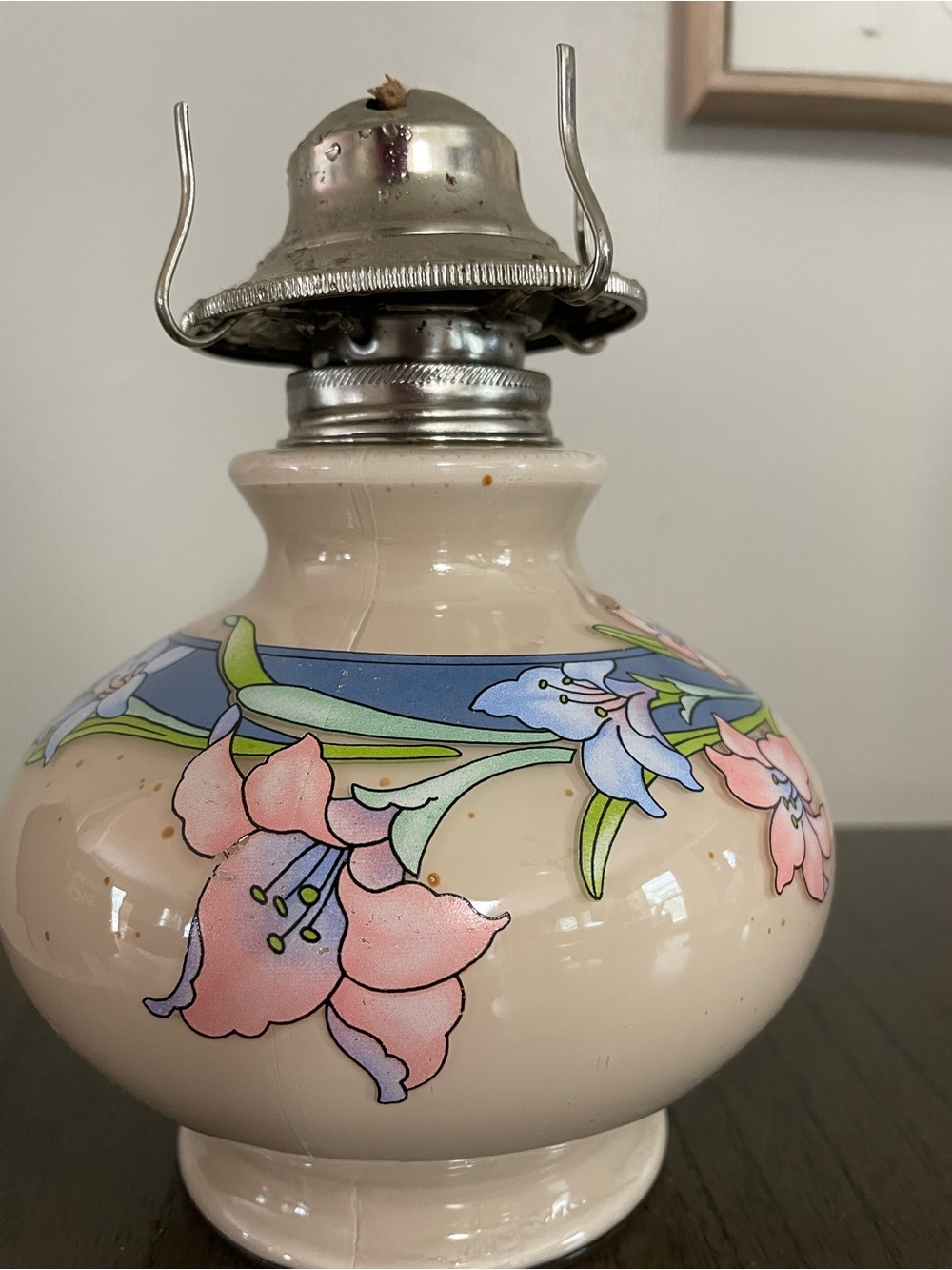 Cream Ceramic Floral Table Lantern with Pastel Pink & Blue Accents